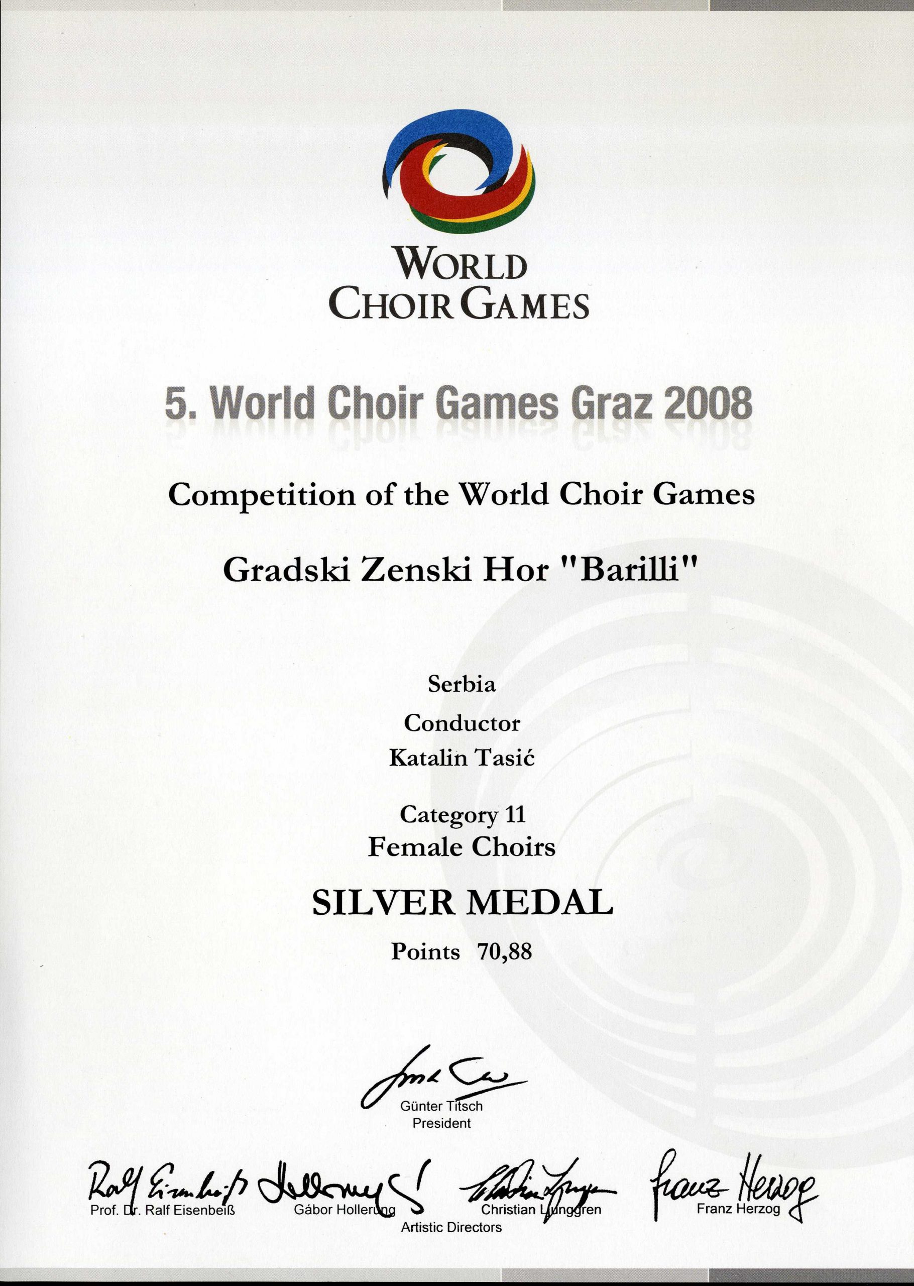 Сребрна медаља на Петим светским хорским играма у Грацу, Аустрија - у категорији Женски хорови 2008.