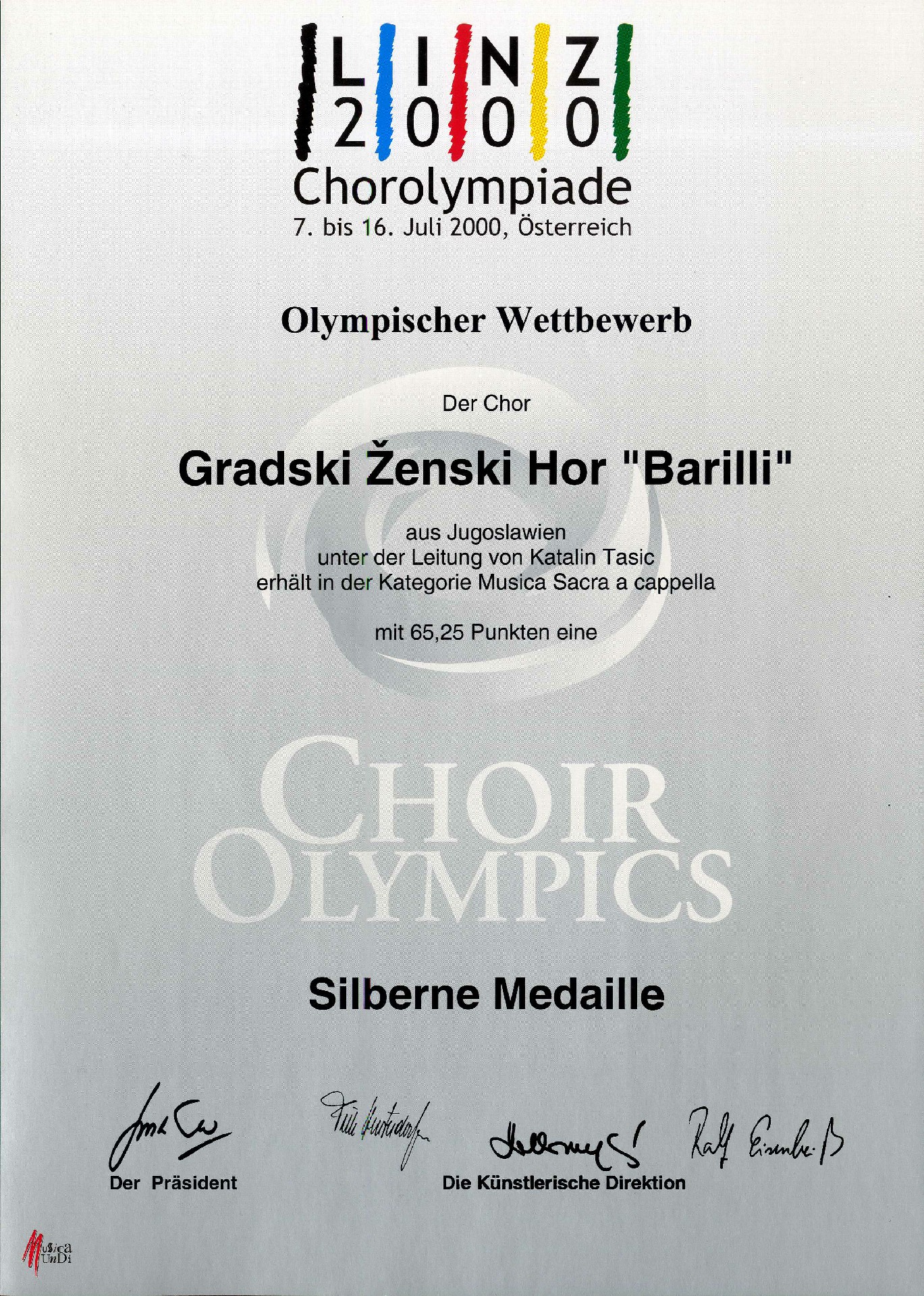 Сребрна медаља на Првој олимпијади хорова у Линцу 2000. у категорији духовне музике